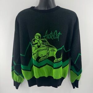 Vintage Arctic Cat Snowmobile Sweater Black/Neon Green Knit Pullover USA (A1)